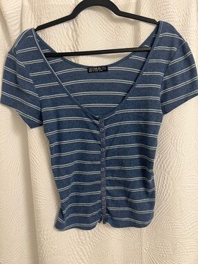 Cotton On Navy and White Striped Button-Front V-Neck Top